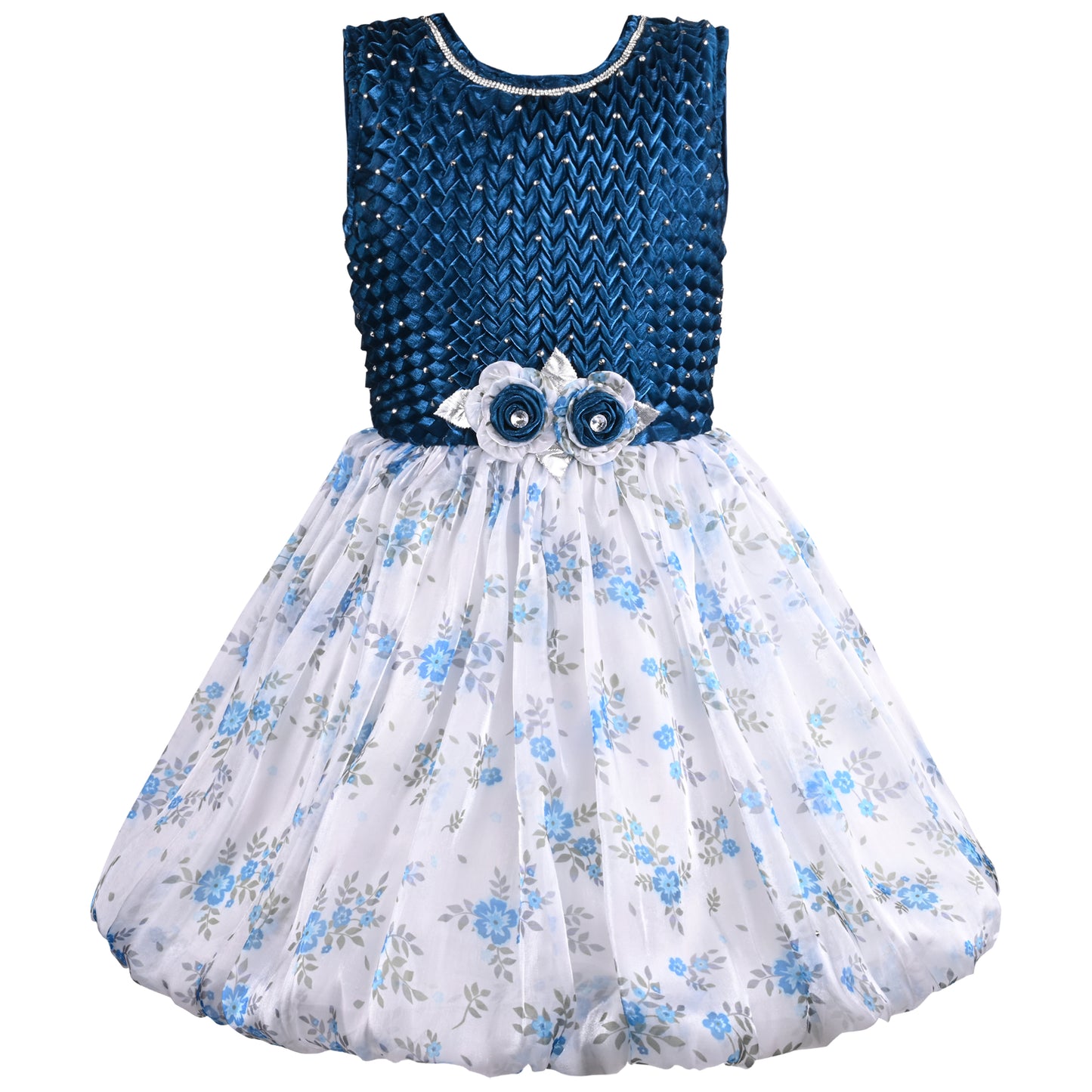 Girls Floral Print Stone Embellished Party Dress