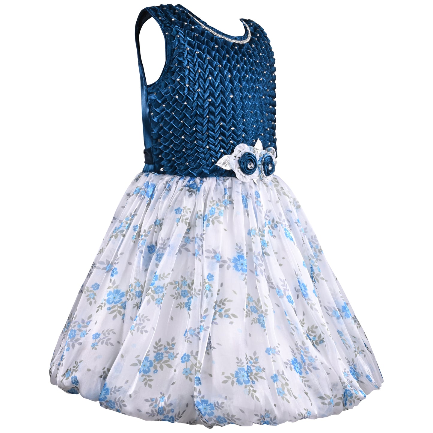 Girls Floral Print Stone Embellished Party Dress