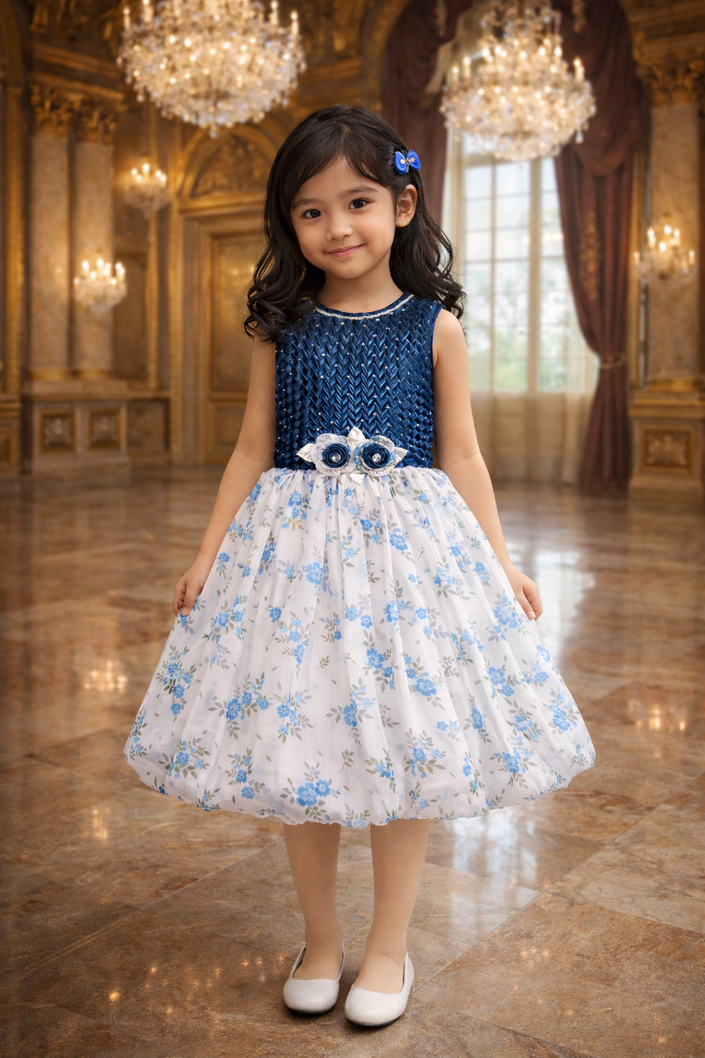 Girls Floral Print Stone Embellished Party Dress