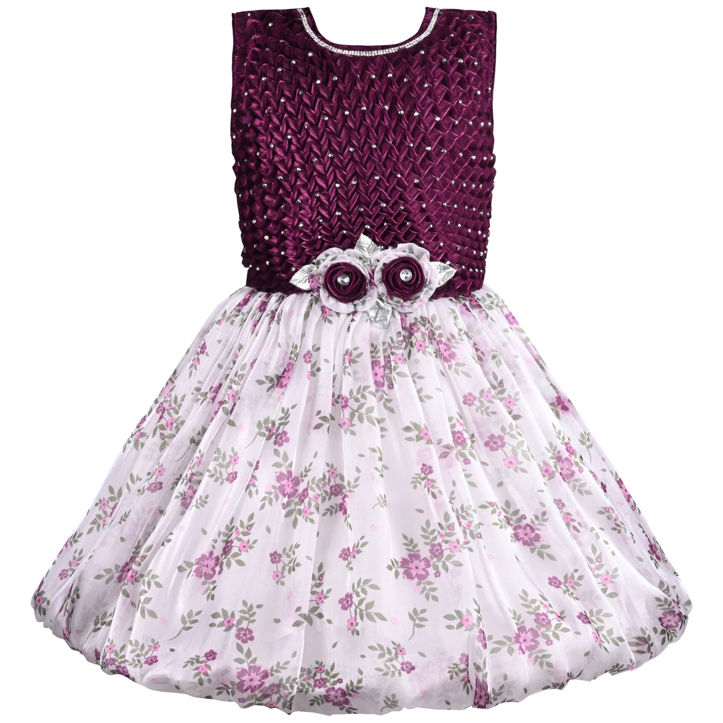 Girls Floral Print Stone Embellished Party Dress