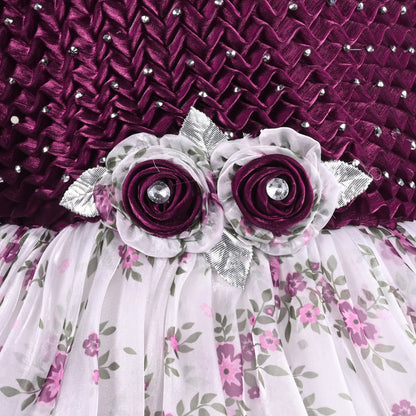 Girls Floral Print Stone Embellished Party Dress