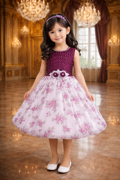 Girls Floral Print Stone Embellished Party Dress
