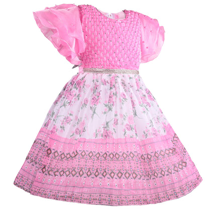 Girls Floral Print Embellished Flared Dress