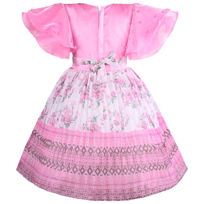 Girls Floral Print Embellished Flared Dress