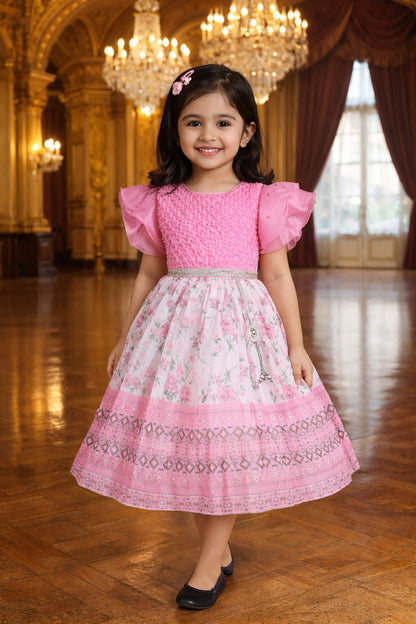 Girls Floral Print Embellished Flared Dress