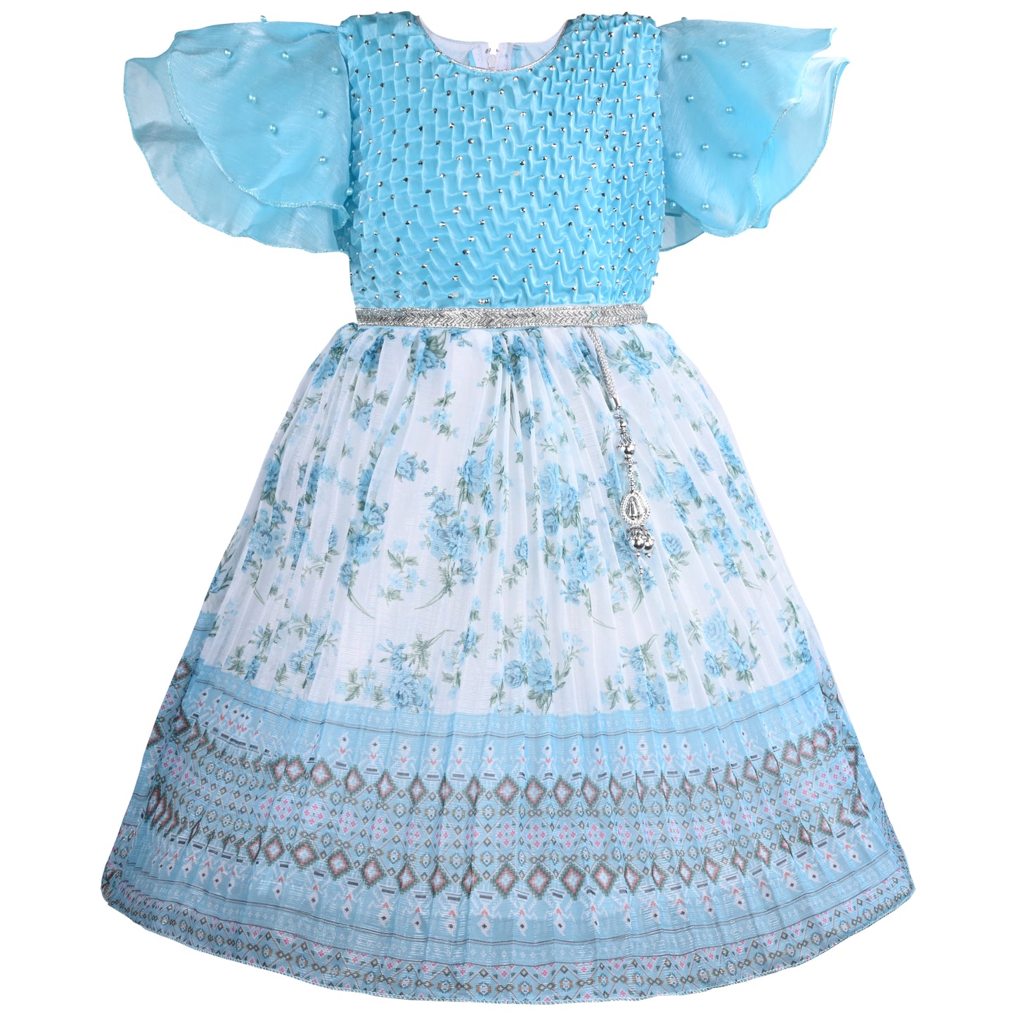 Girls Floral Print Embellished Flared Dress