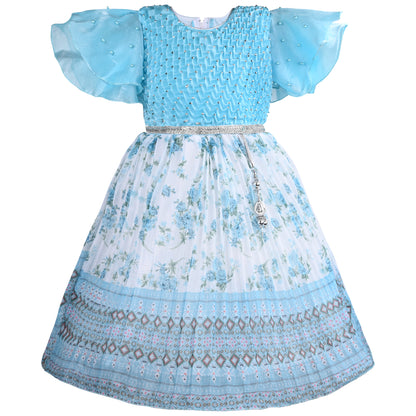 Girls Floral Print Embellished Flared Dress