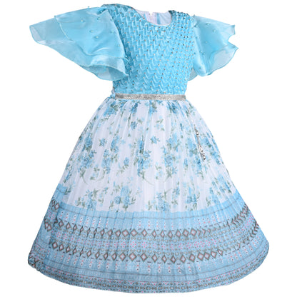 Girls Floral Print Embellished Flared Dress