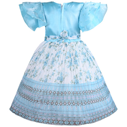 Girls Floral Print Embellished Flared Dress