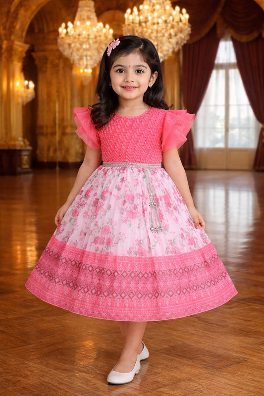 Girls Floral Print Embellished Flared Dress