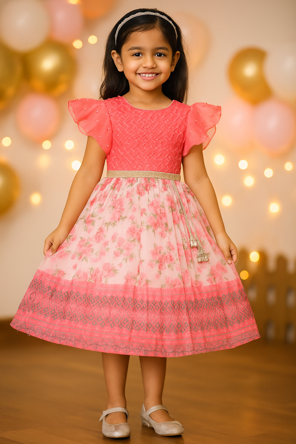 Girls Floral Print Embellished Flared Dress