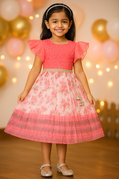 Girls Floral Print Embellished Flared Dress