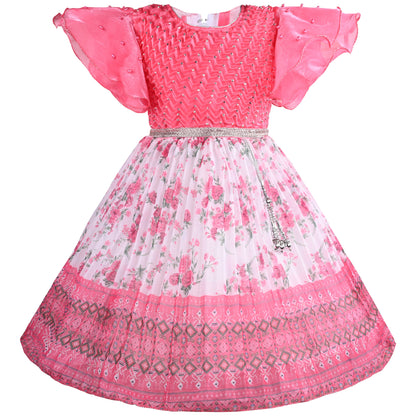 Girls Floral Print Embellished Flared Dress