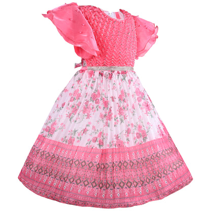 Girls Floral Print Embellished Flared Dress