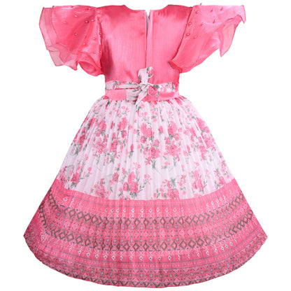 Girls Floral Print Embellished Flared Dress