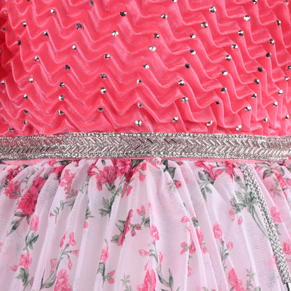 Girls Floral Print Embellished Flared Dress