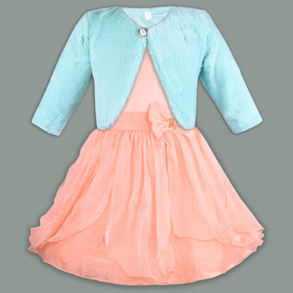 Girls Satin Party Frock with Bow & Cream Fur Jacketâ€“ Full Sleeves, Winter Special