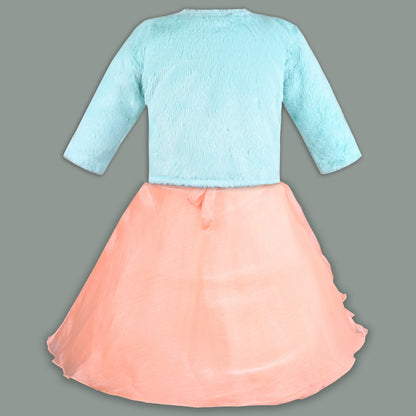 Girls Satin Party Frock with Bow & Cream Fur Jacketâ€“ Full Sleeves, Winter Special