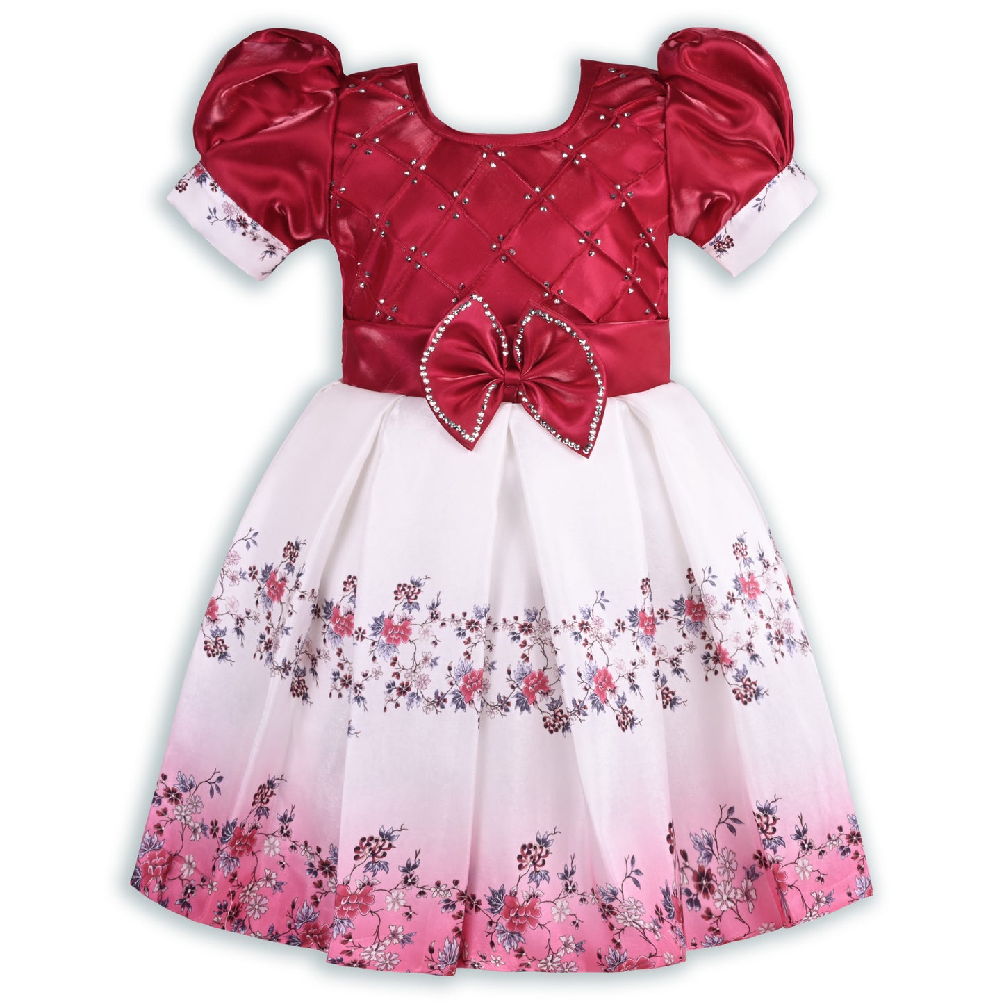Girls Floral Embellished Bow Detail Pleated Satin Dress