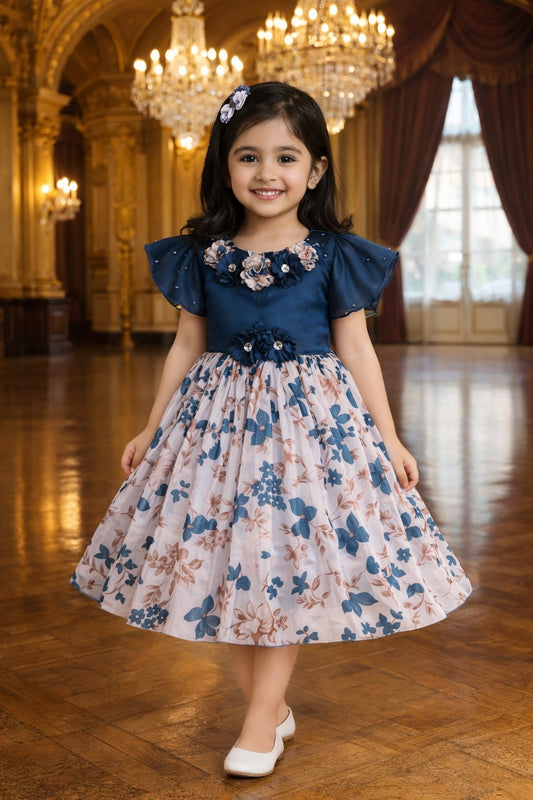 Girls Floral Embellished Printed Party Dress