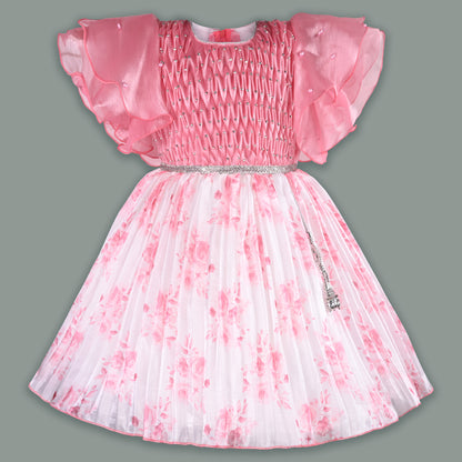 Girls Floral Rhinestone Pleated Dress