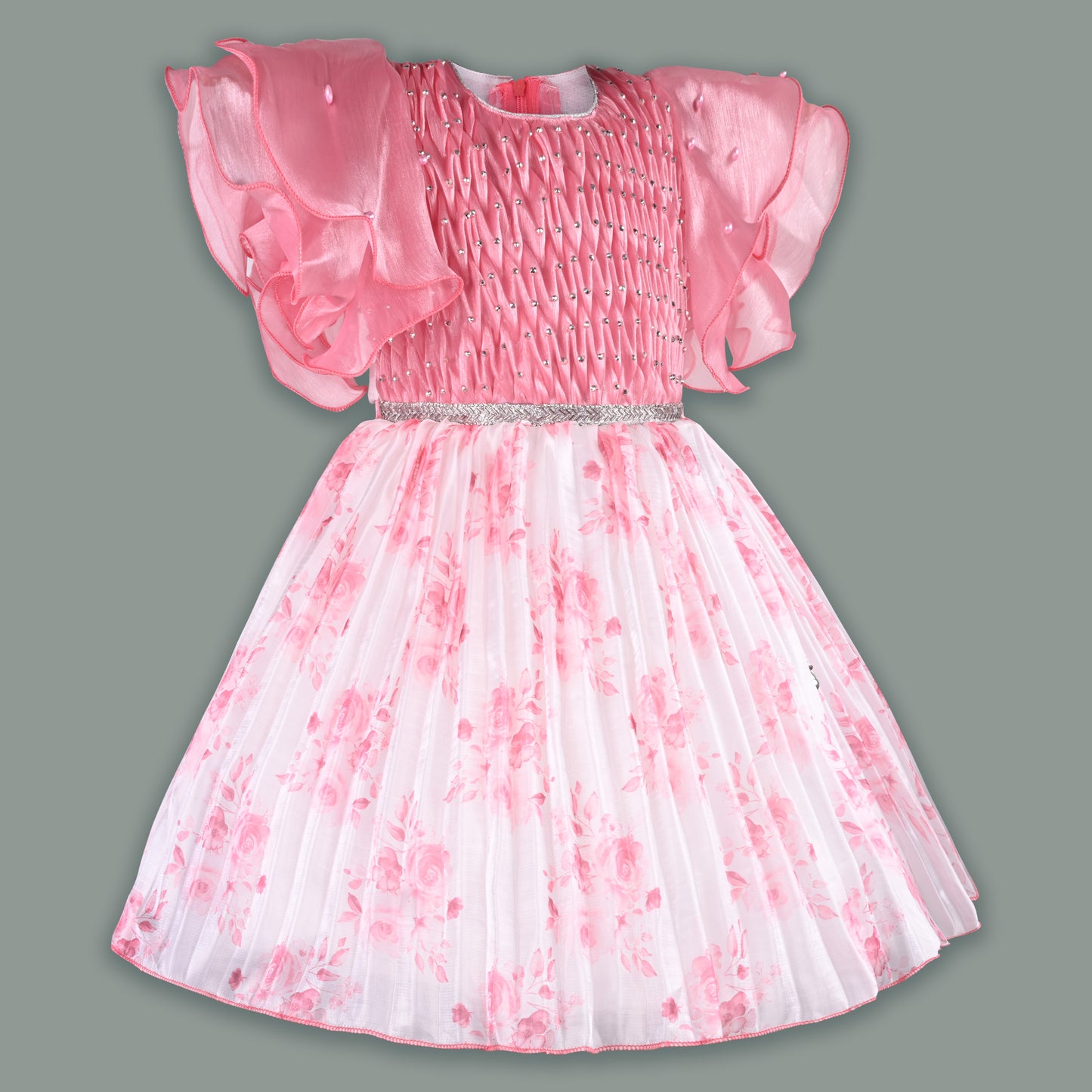 Girls Floral Rhinestone Pleated Dress