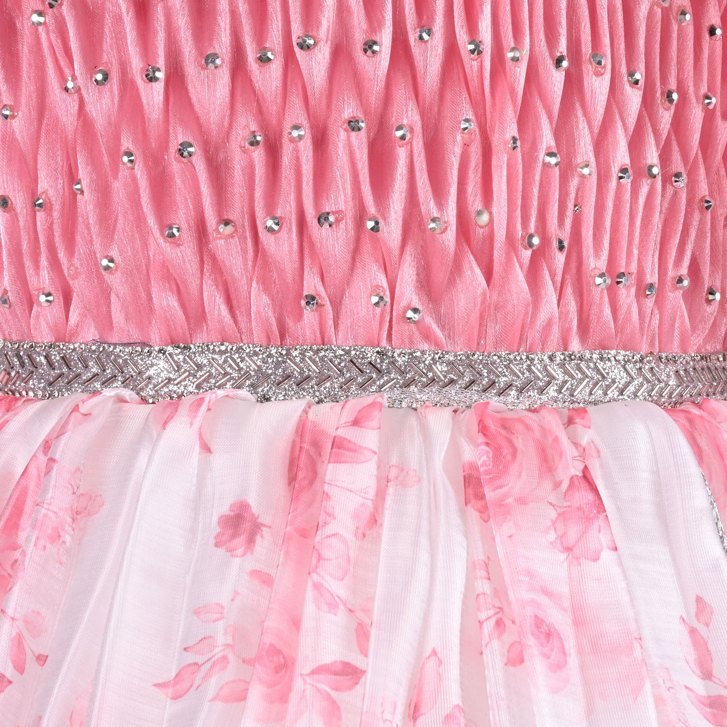 Girls Floral Rhinestone Pleated Dress