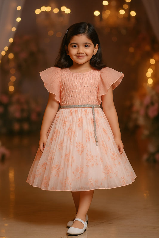 Girls Floral Rhinestone Pleated Dress