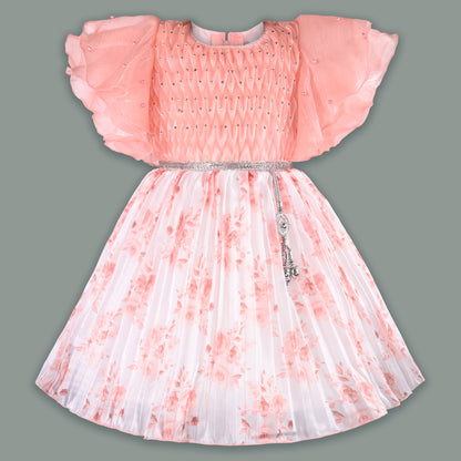 Girls Floral Rhinestone Pleated Dress