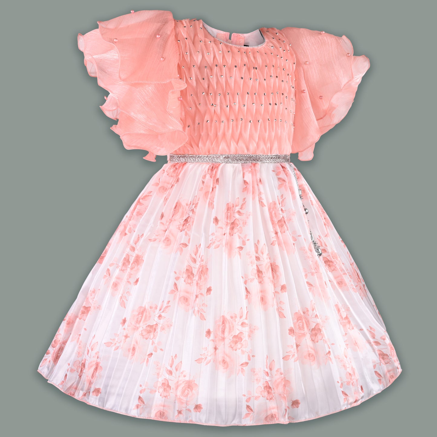 Girls Floral Rhinestone Pleated Dress