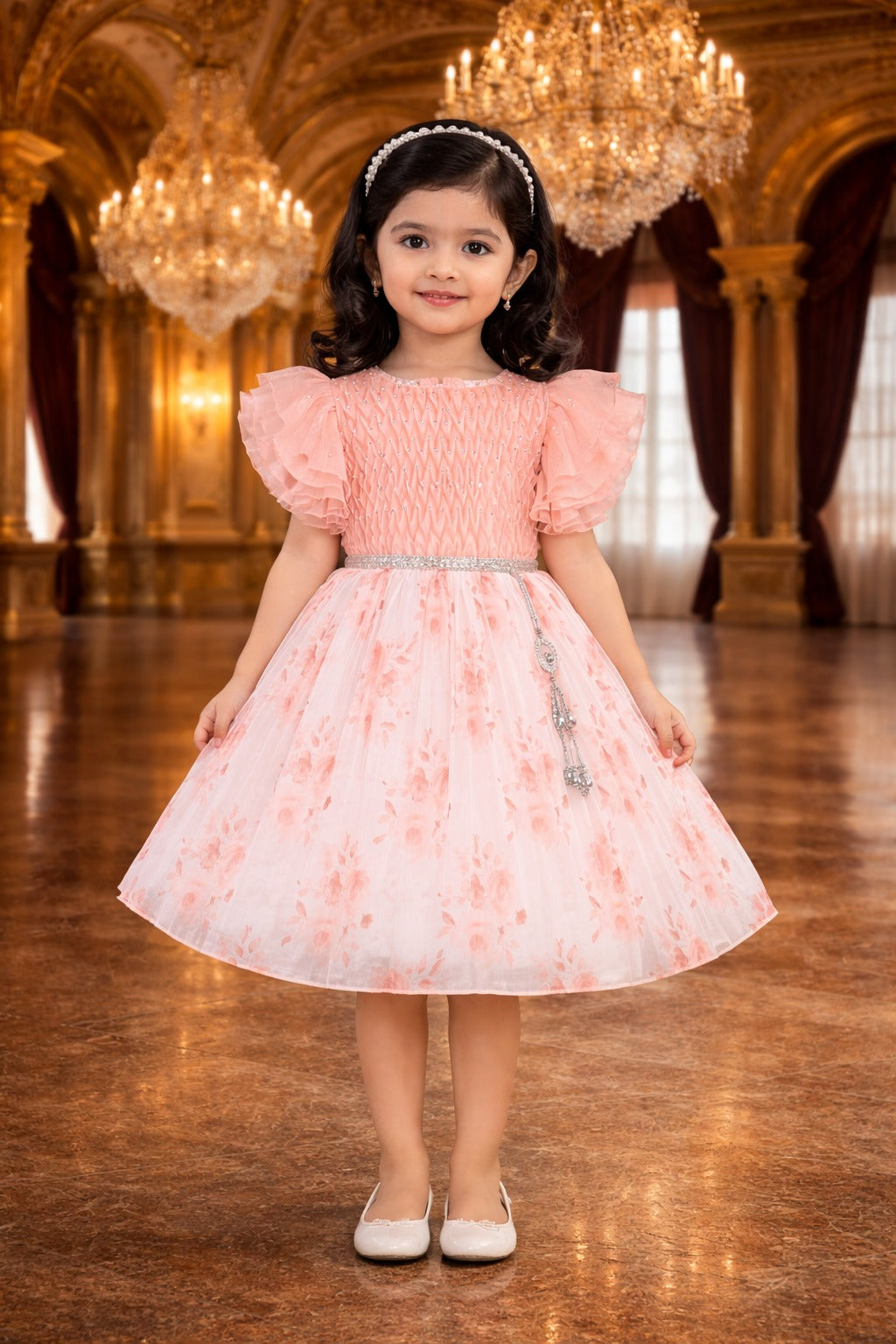 Girls Floral Rhinestone Pleated Dress