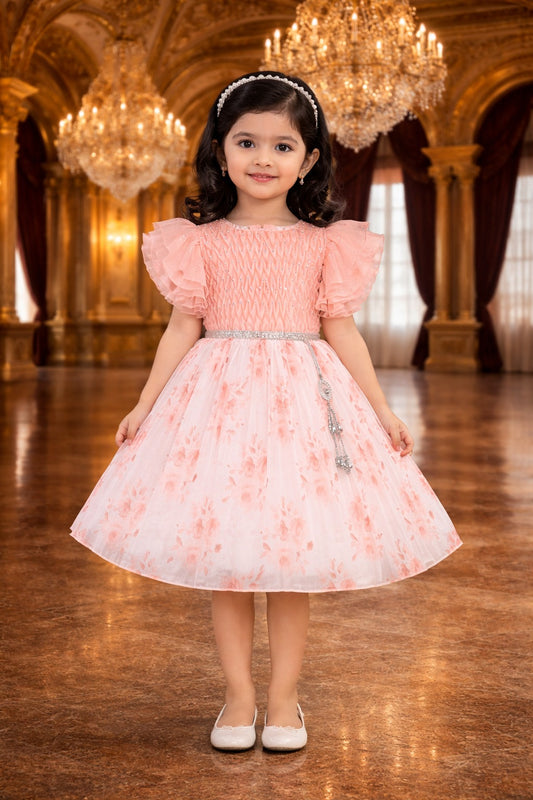 Girls Floral Rhinestone Pleated Dress