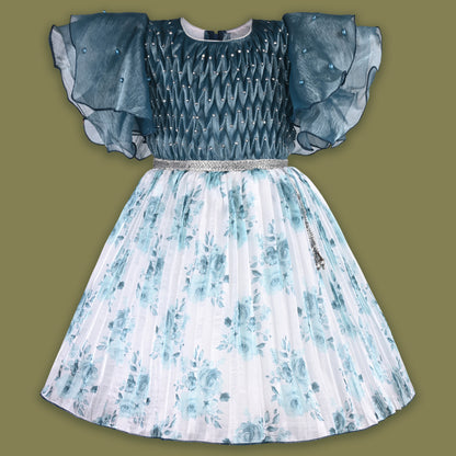 Girls Floral Rhinestone Pleated Dress