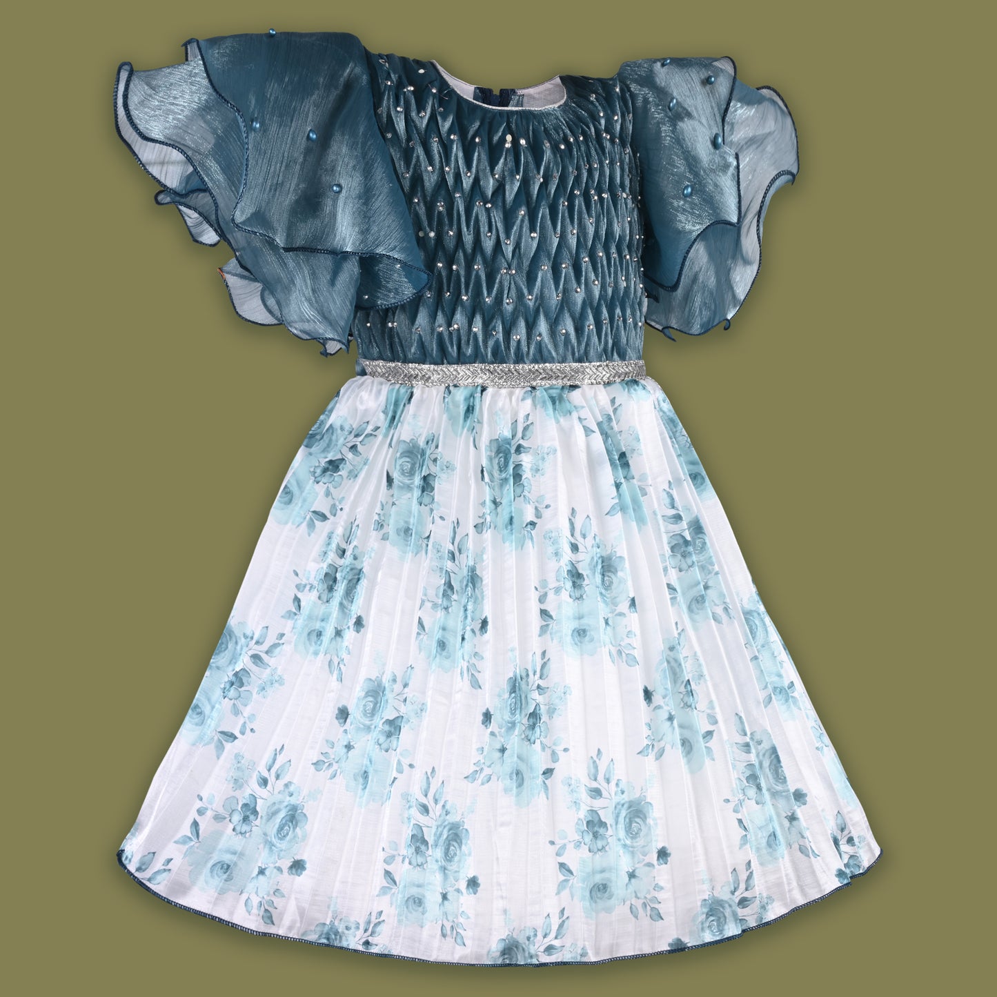 Girls Floral Rhinestone Pleated Dress