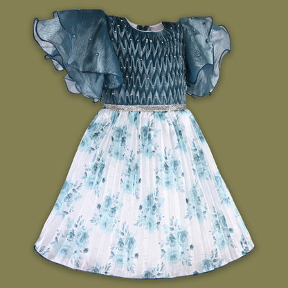 Girls Floral Rhinestone Pleated Dress
