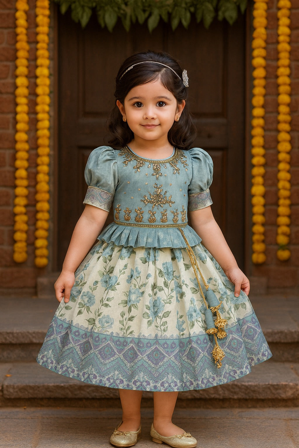 Girls Bead Embellished Printed Silk Ethnic Dress - 1