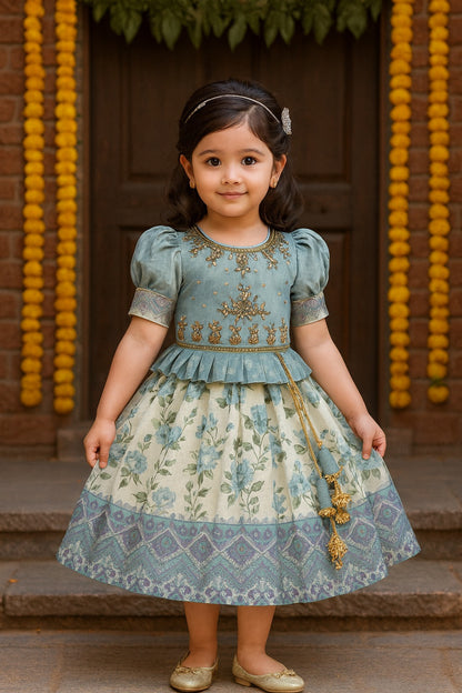 Girls Bead Embellished Printed Silk Ethnic Dress - 1