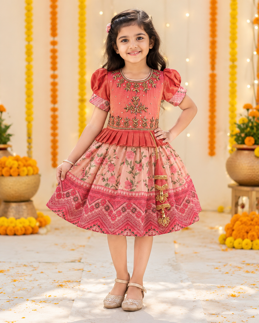 Girls Bead Embellished Printed Silk Ethnic Dress