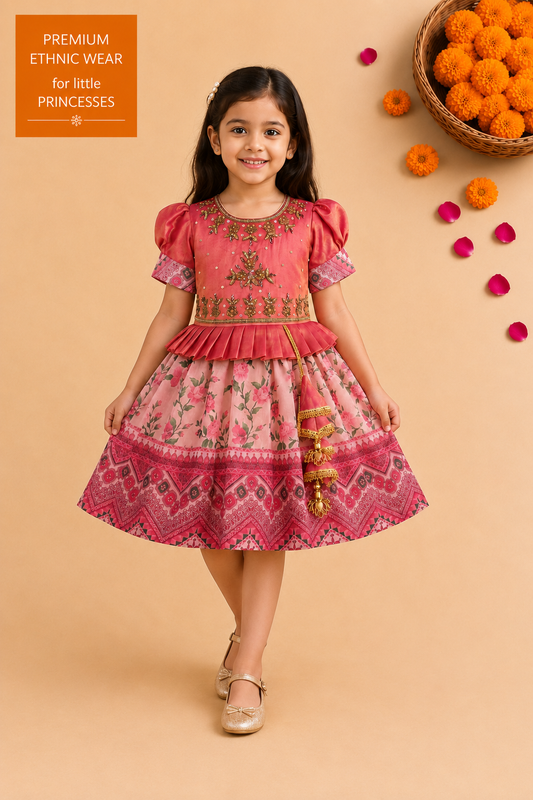 Girls Bead Embellished Printed Silk Ethnic Dress