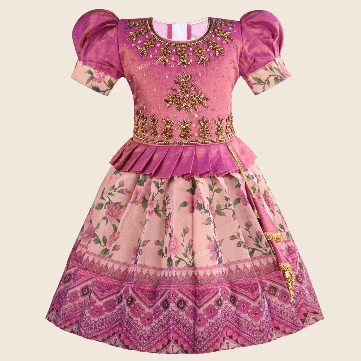 Girls Bead Embellished Printed Silk Ethnic Dress