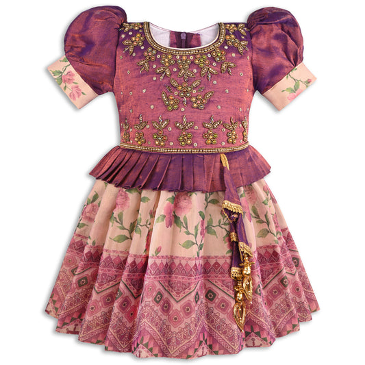 Girls Bead Embellished Printed Silk Ethnic Dress