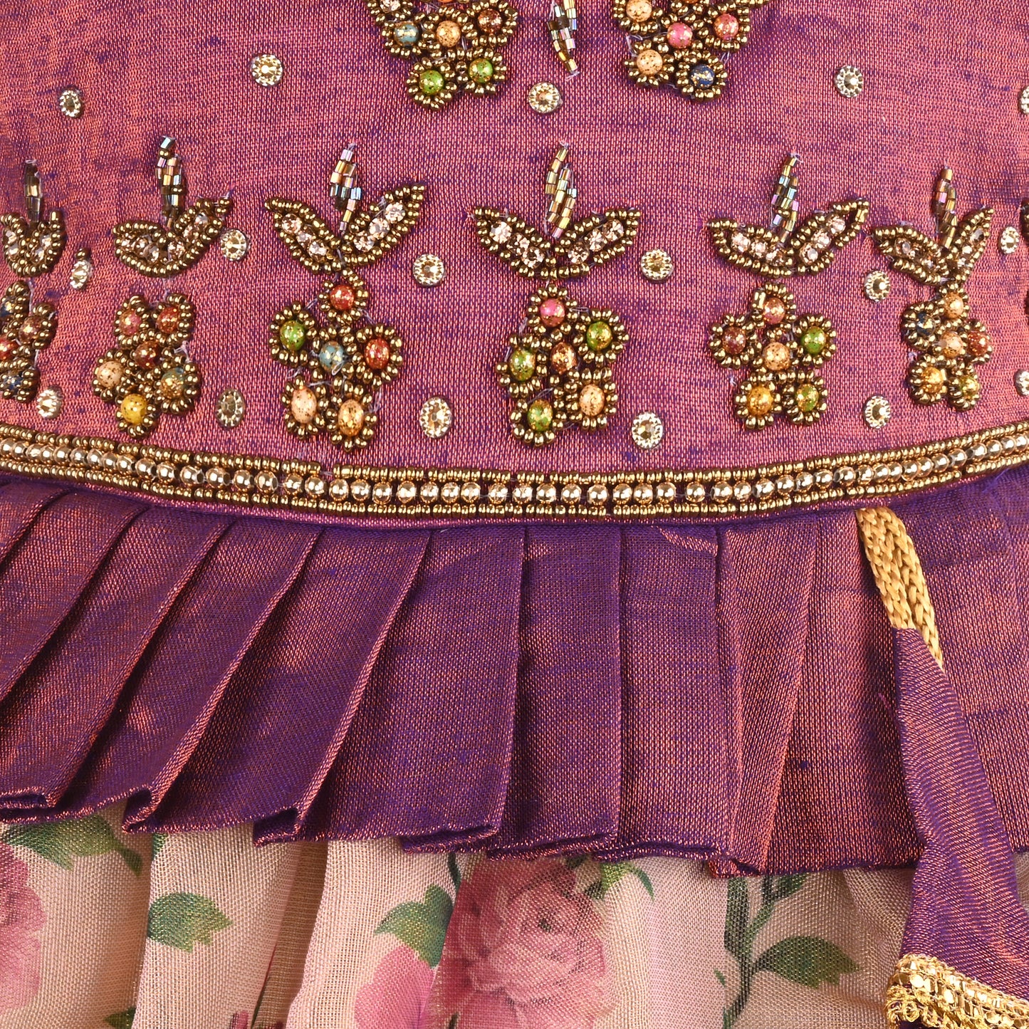 Girls Bead Embellished Printed Silk Ethnic Dress