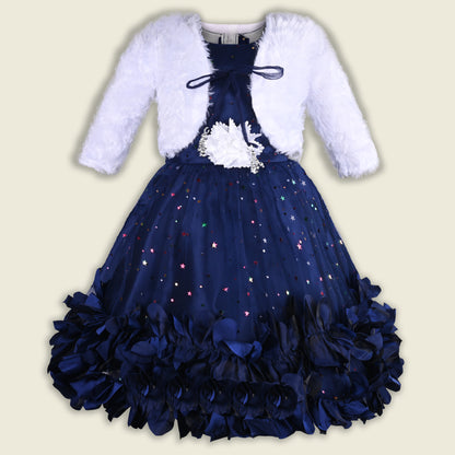 Girls Star Embellished Ruffled Hem Party Dress