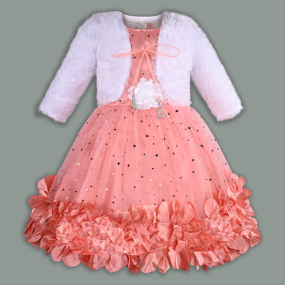 Girls Star Embellished Ruffled Hem Party Dress