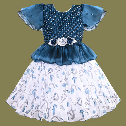 Girls Floral Applique Embellished Ruffle Sleeve Printed Party Dress