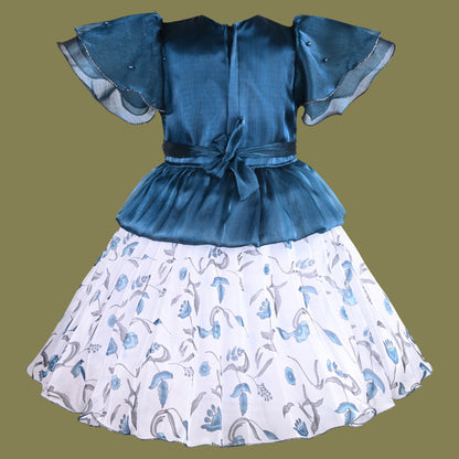 Girls Floral Applique Embellished Ruffle Sleeve Printed Party Dress