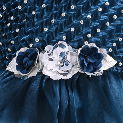 Girls Floral Applique Embellished Ruffle Sleeve Printed Party Dress