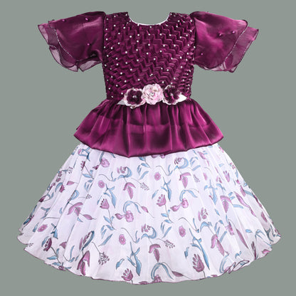 Girls Floral Applique Embellished Ruffle Sleeve Printed Party Dress