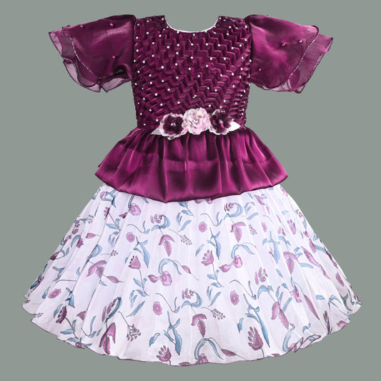 Girls Floral Applique Embellished Ruffle Sleeve Printed Party Dress
