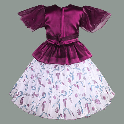 Girls Floral Applique Embellished Ruffle Sleeve Printed Party Dress